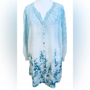 CHICO’S Blue + White Semi Sheer Floral Tunic Top Blouse Size 18 Or Chico’s 3